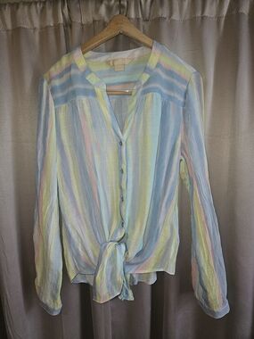 Lightweight Stretchy Pastel Stripe Tie-Front Blouse - Women Large